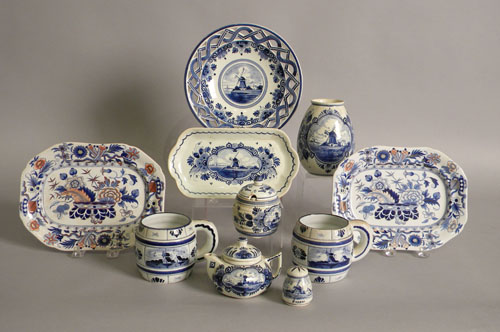 Appraisal: Two small ironstone rectangular platters together with a Delft miniature