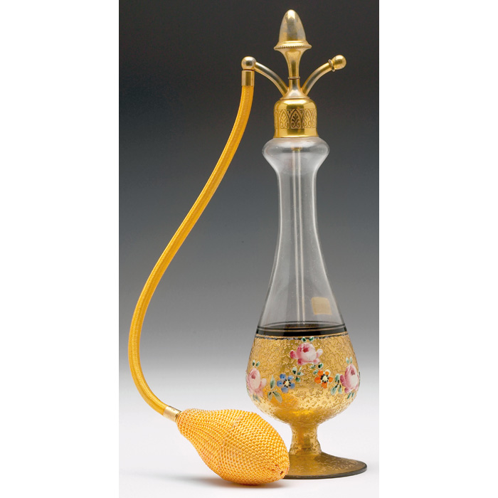 Appraisal: Art Glass perfume atomizer waisted form gold encrusted with enameled