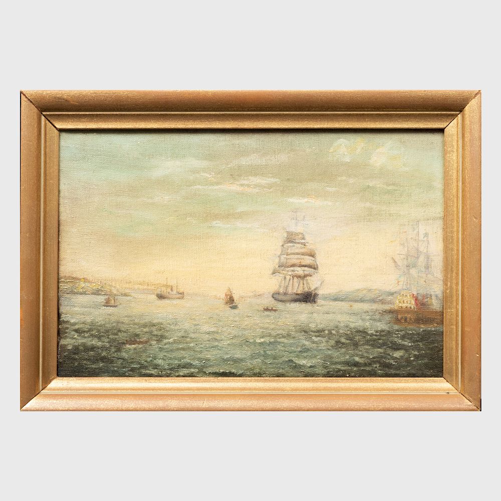 Appraisal: American School Harbor Scene Oil on canvas unsigned x in