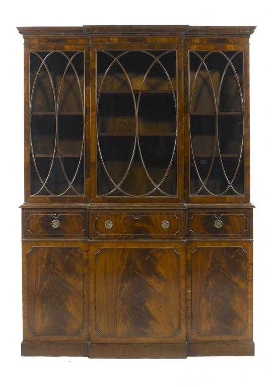 Appraisal: A MAHOGANY BREAKFRONT BOOKCASE in George III style the upper