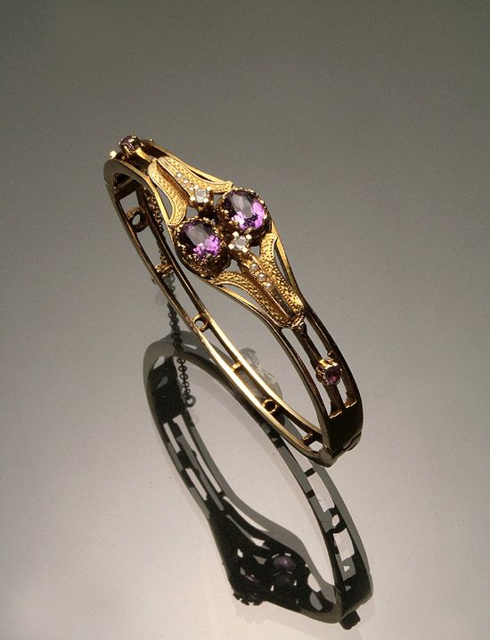 Appraisal: -Karat Yellow-Gold Amethyst White Sapphire and Seed Pearl Bangle Bracelet