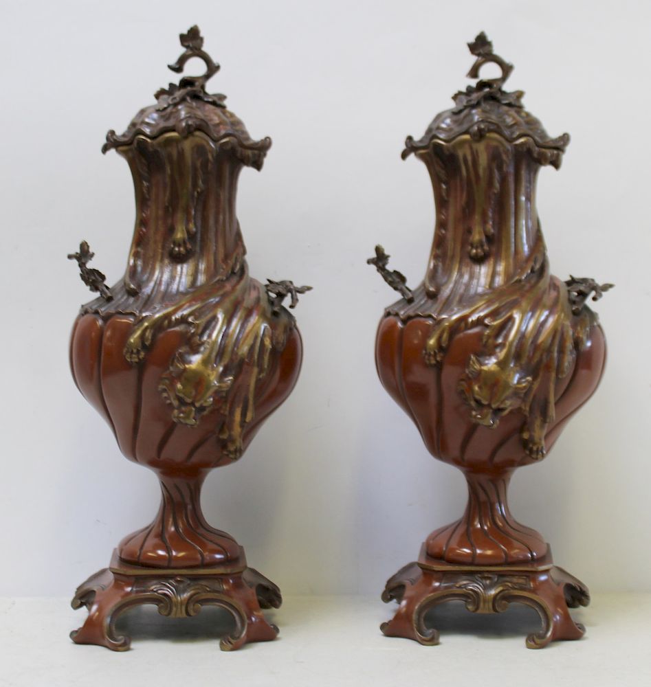 Appraisal: Pair of Patinated Bronze Lidded Urns Great quality nice original