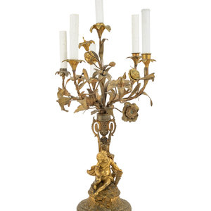 Appraisal: A Continental Gilt Bronze Marble and T le Six-Light Candelabrum