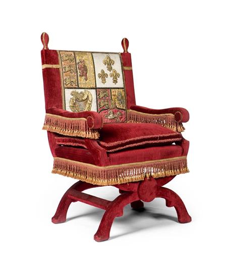 Appraisal: A red velvet covered and upholstered 'throne' chair the back