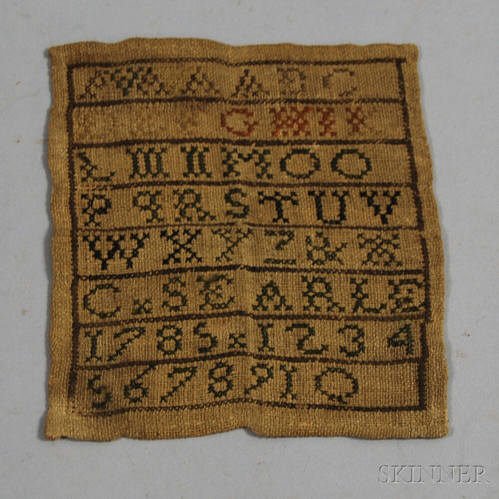 Appraisal: Small Needlework Sampler stitched with wool threads on linen backing