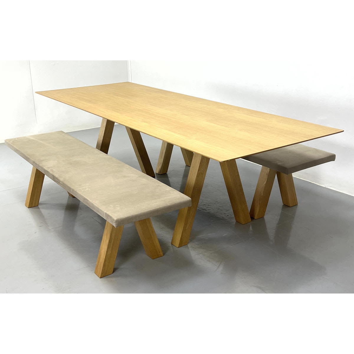 Appraisal: Oak Trestle Base Dining table and Benches Viccarbe Made in