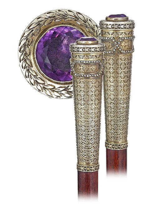 Appraisal: Silver Gilt and Jeweled Dress Cane Ca -Long and tapering