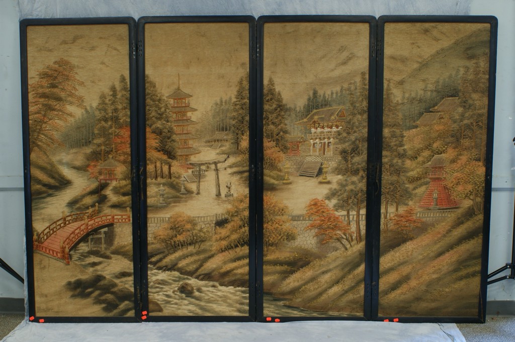 Appraisal: Part Japanese Embroidered Screen in a black lacquered frame embroidery