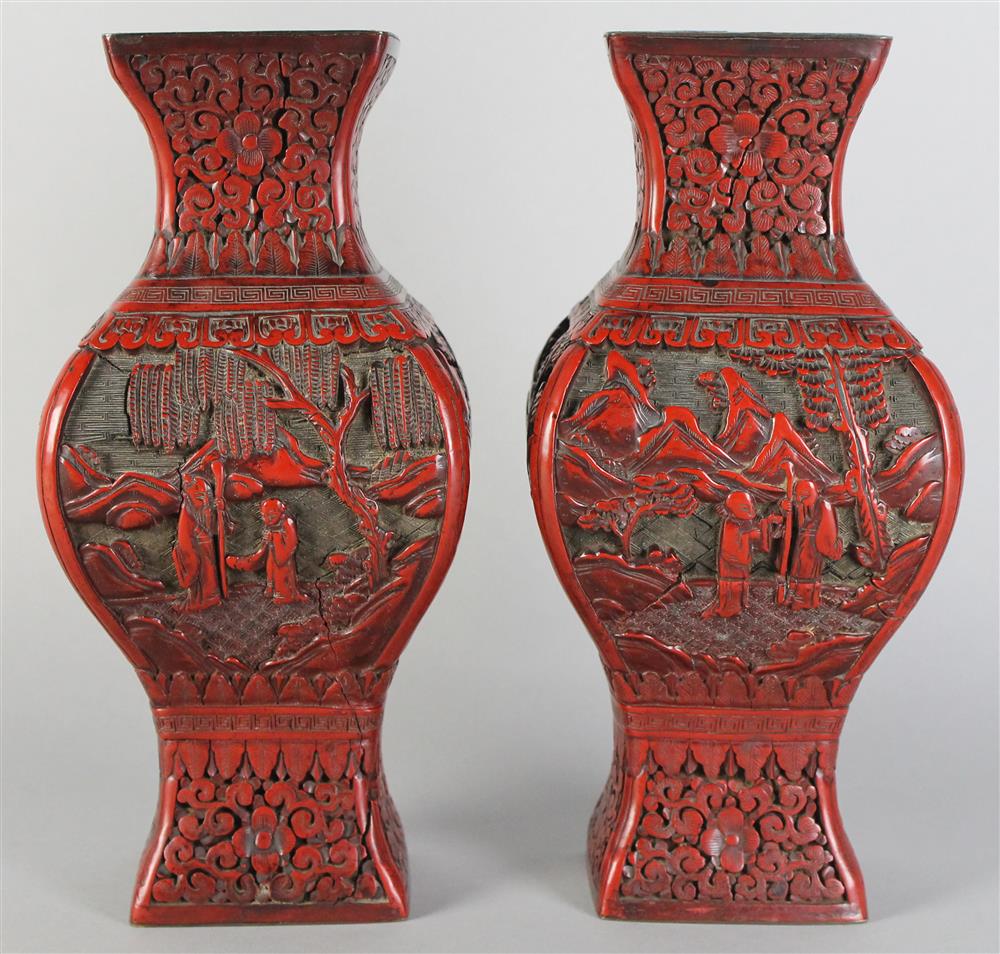 Appraisal: PAIR OF CHINESE CINNABAR VASES LATE QING DYNASTY of square