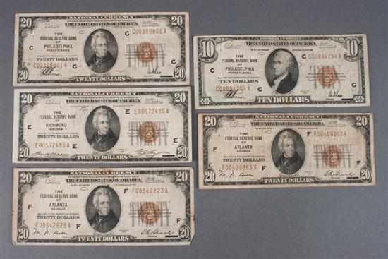 Appraisal: Five United States small size Federal Reserve Bank Notes all