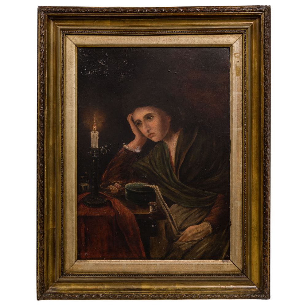 Appraisal: UNKNOWN ARTIST TH CENTURY GIRL SEWING OIL ON BOARDUndated unsigned