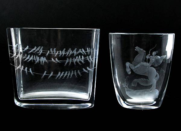 Appraisal: Two Orrefors engraved clear glass vases 's one inscribed Orrefors