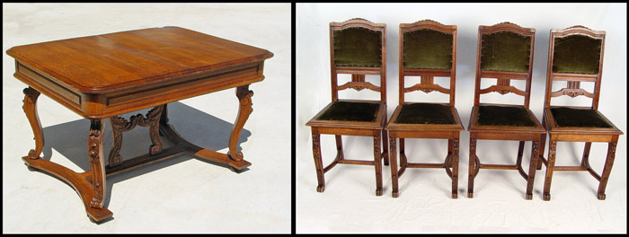 Appraisal: FRENCH CARVED OAK DINING TABLE CHAIRS Table with carved legs