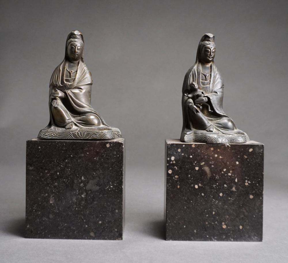 Appraisal: PAIR CHINESE PATINATED METAL FIGURES OF MADONNA ON MARBLE BASES