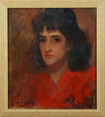 Appraisal: Portrait of a girl in an orange shirt wearing a