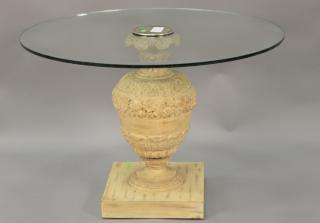 Appraisal: Round glass top table with carved wood pedestal base Round