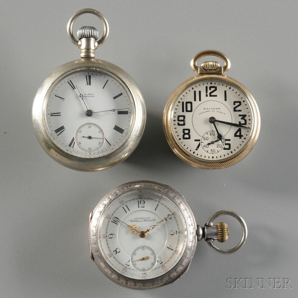 Appraisal: Three Waltham Open Face Watches No with a porcelain Roman