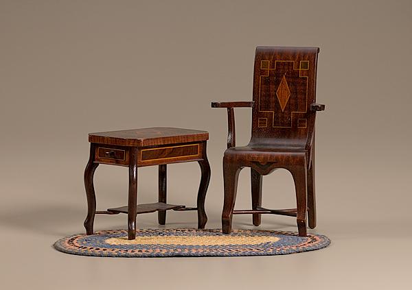 Appraisal: DOLL'S CHAIR TABLE AND RUG American ca - mahogany inlaid