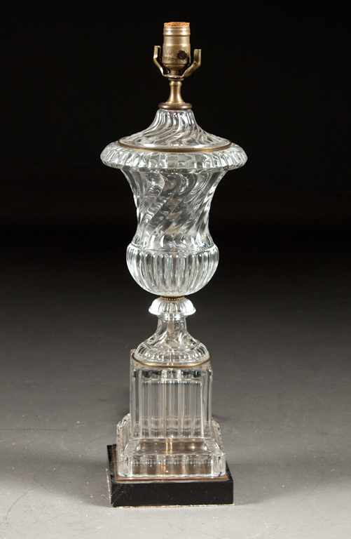 Appraisal: Gilt-metal-mounted molded glass urn-form lamp probably Baccarat th century lamp