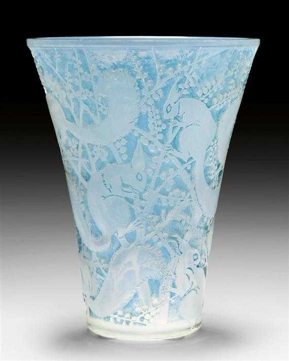 Appraisal: LALIQUE REN SENART VASE circa Opalescent mould-pressed glass with patina