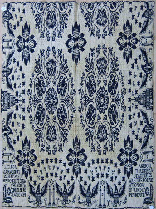 Appraisal: New York blue and white coverlet ca inscribed Agriculture Manufactures