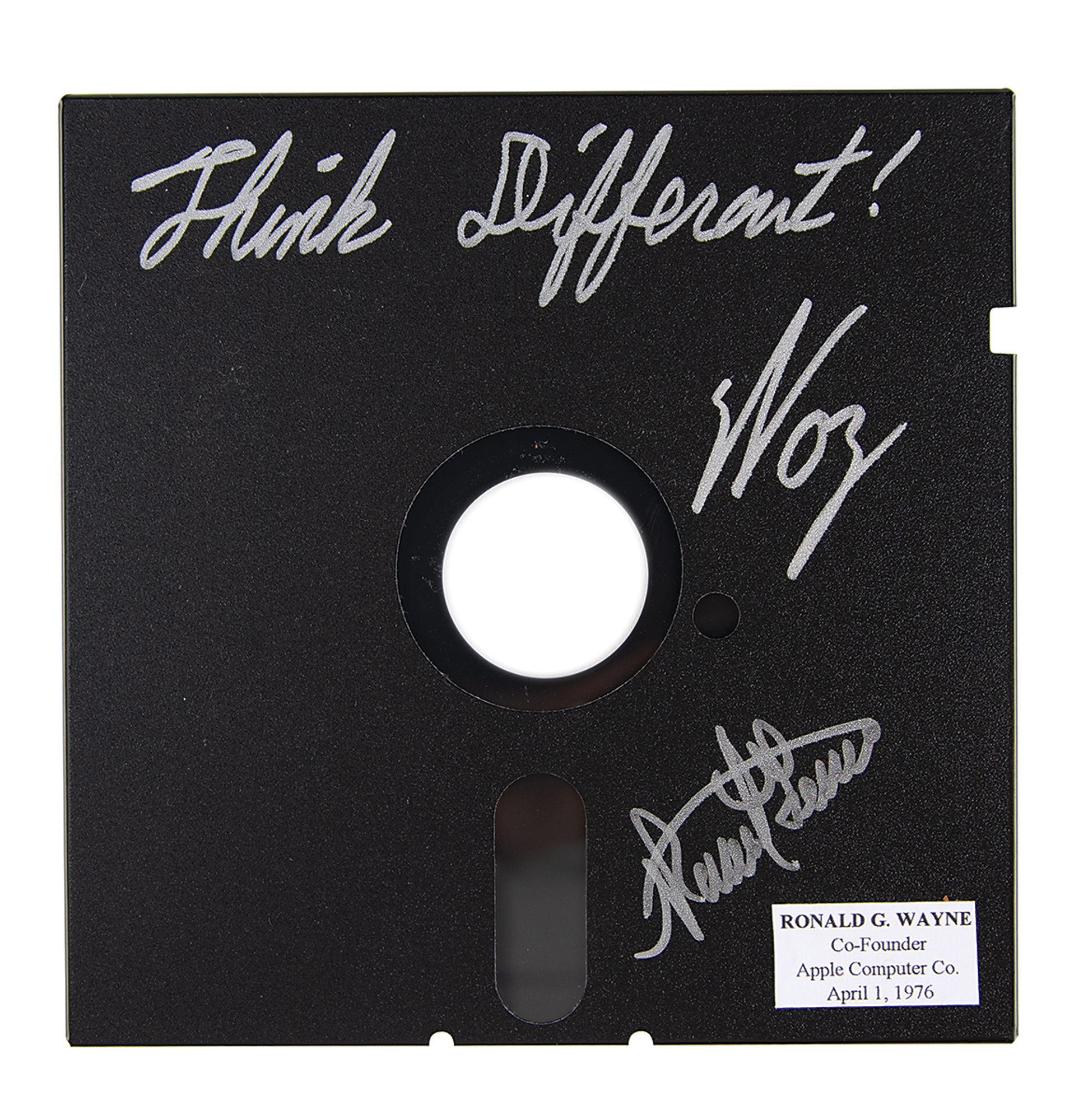 Appraisal: Black floppy disk signed in silver ink by the Apple