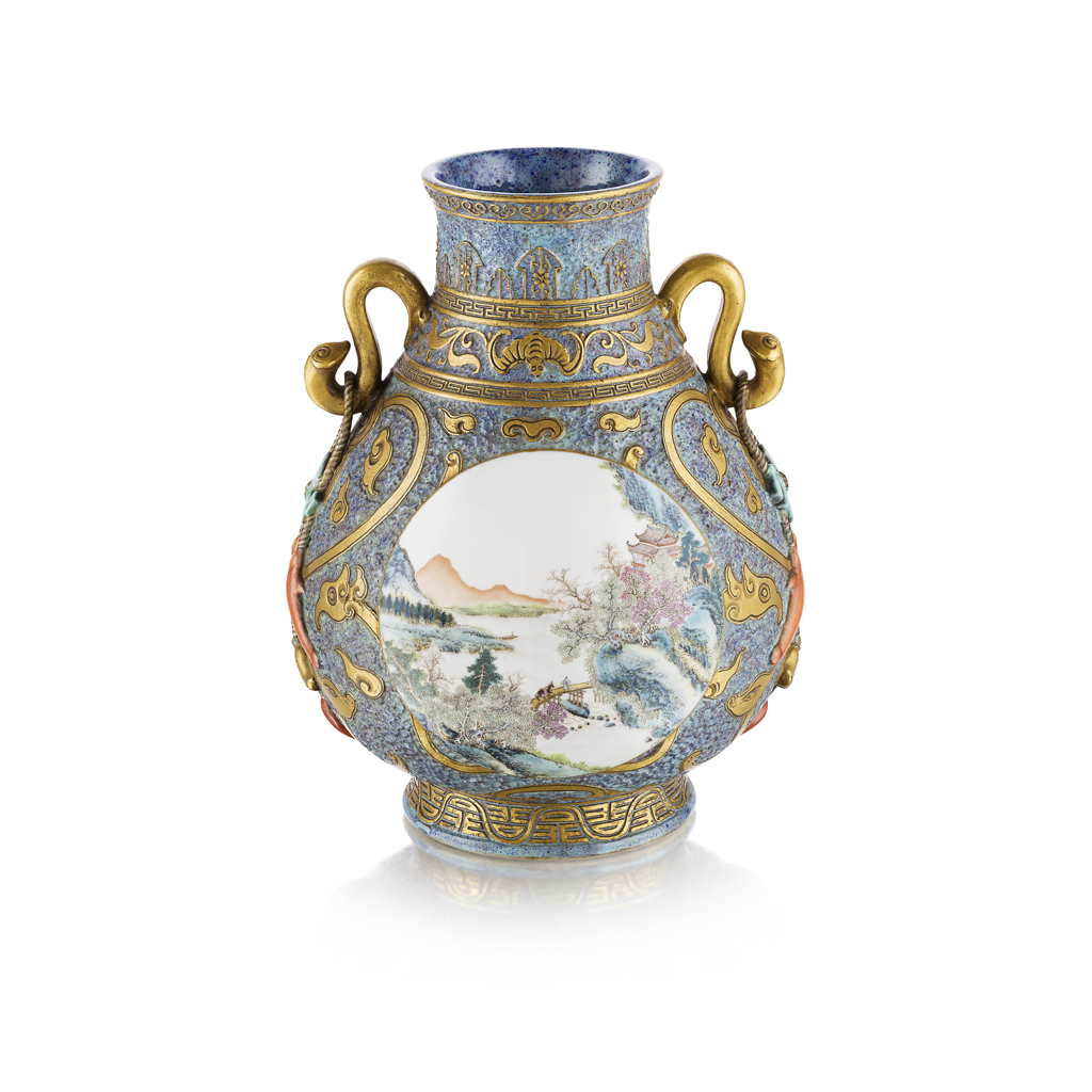 Appraisal: FINE FAMILLE ROSE GILT-DECORATED FLAMB -GROUND VASE HU QIANLONG MARK