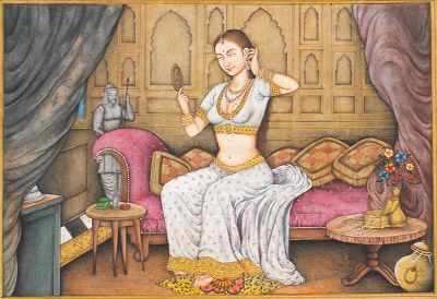 Appraisal: Indian Miniature Painting th Century Finely painted boudoir scene with