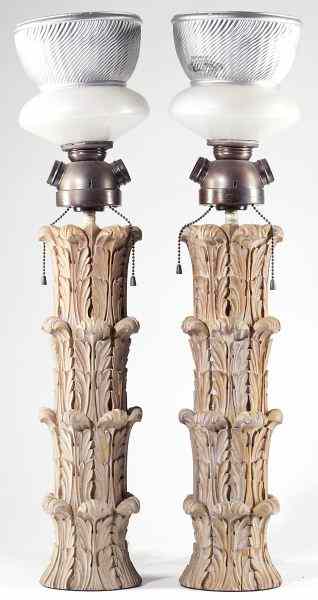 Appraisal: Pair of Acanthus Leaf Carved Table Lampsearly th century bleached