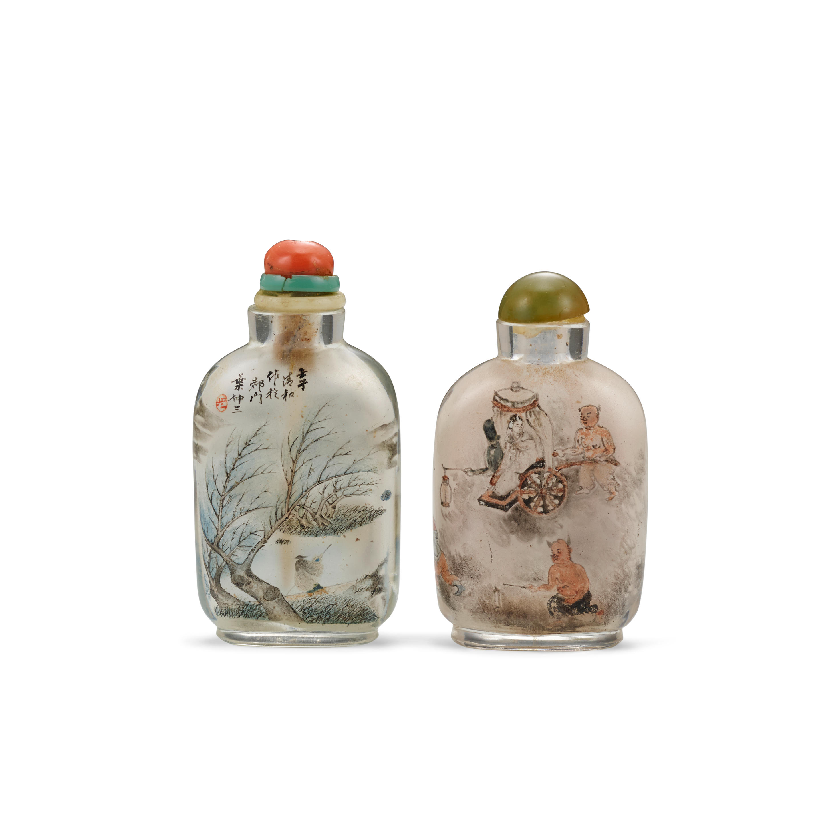 Appraisal: TWO INSIDE-PAINTED GLASS SNUFF BOTTLES Tang Zichuan early th century