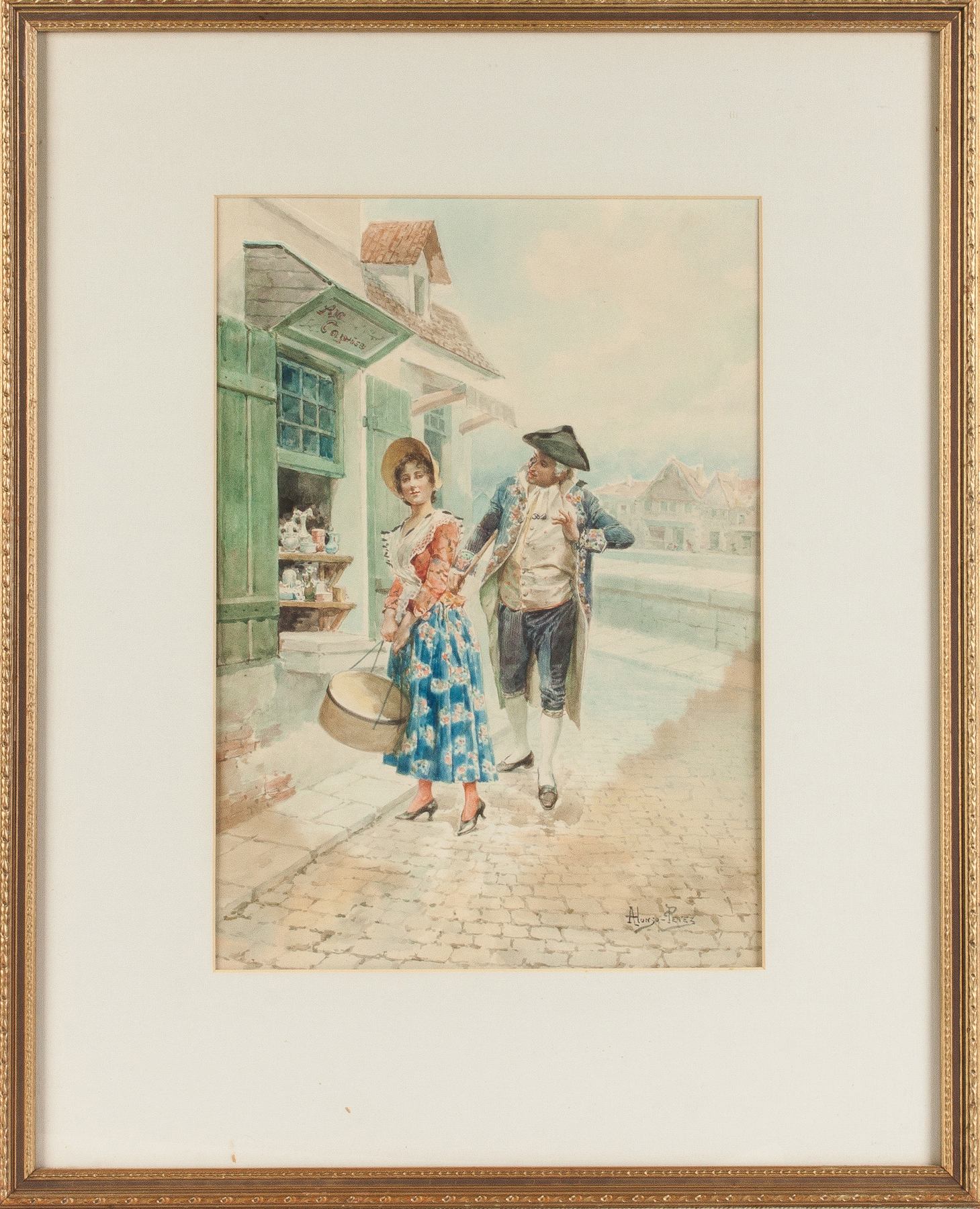 Appraisal: Two Watercolors Alonso P rez Spanish Two Courting Figures Sgn