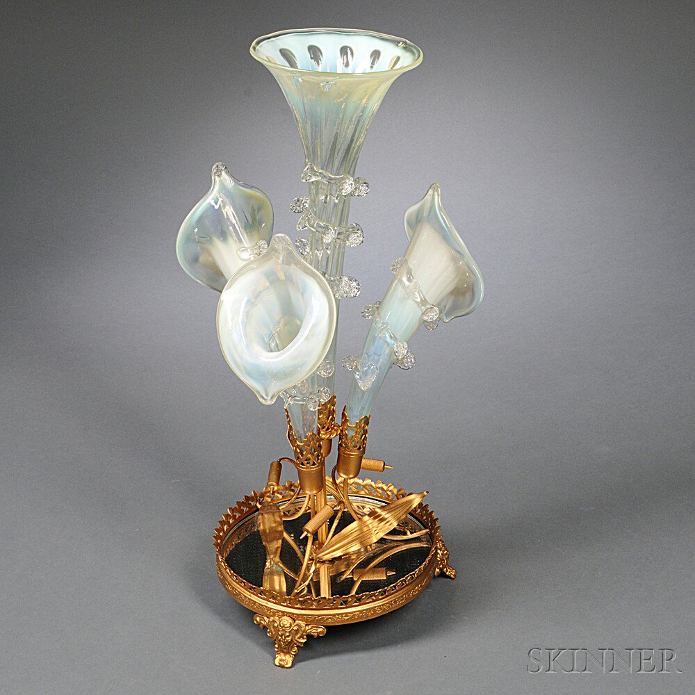 Appraisal: Glass and Patinated Metal Epergne c with central trumpet-form vase