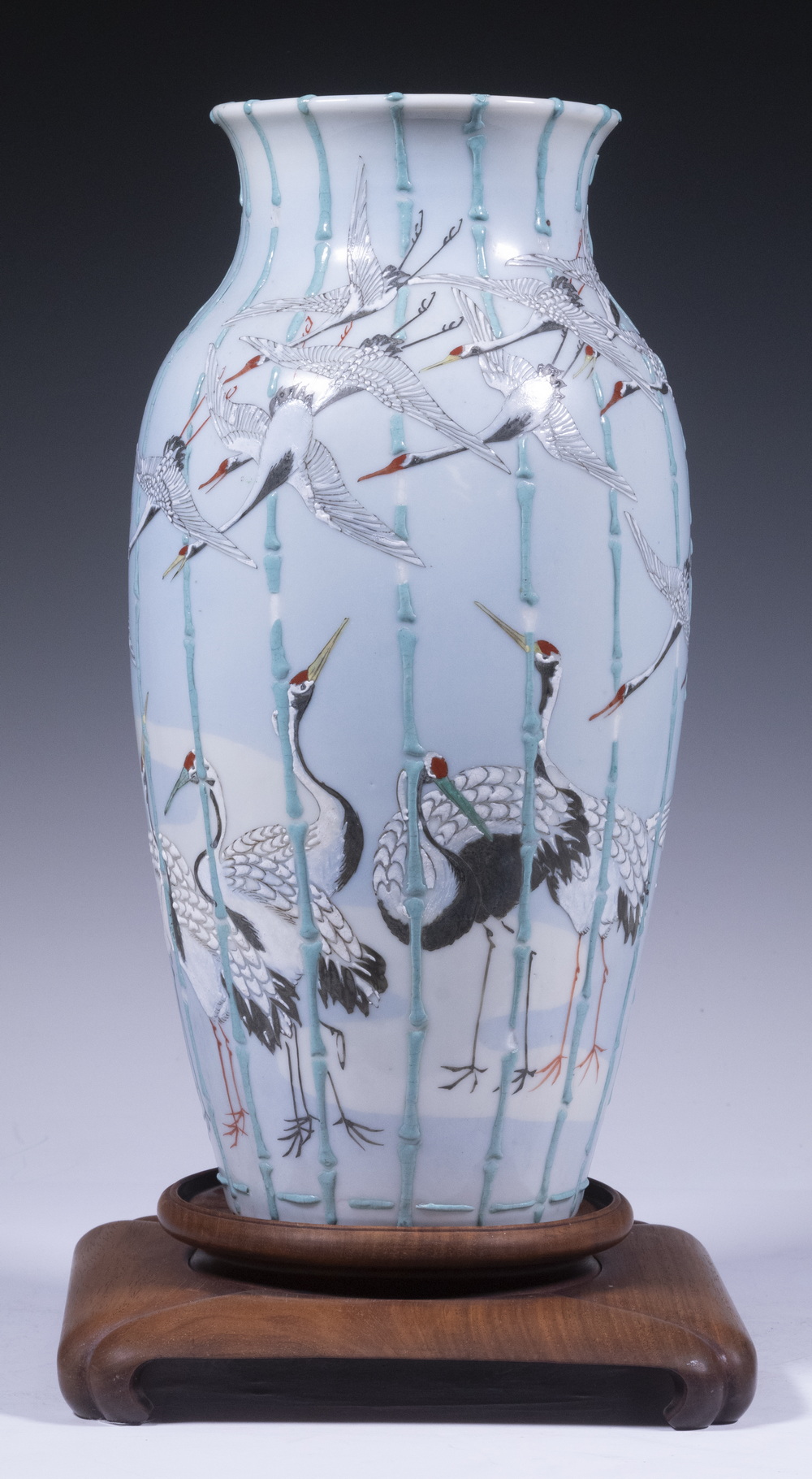 Appraisal: JAPANESE FLYING CRANES VASE Circa s Pale Blue Glazed Porcelain