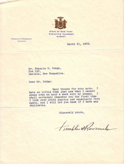 Appraisal: FDR THE STAMP COLLECTOR ROOSEVELT FRANKLIN D Brief Typed Letter