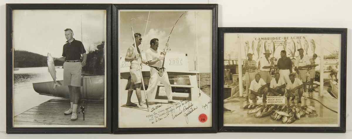 Appraisal: THREE FRAMED FISHING-RELATED PHOTOGRAPHSCirca s Depicts comedian Jonathan Winters Inscribed