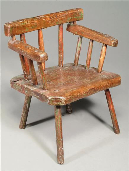 Appraisal: An antique primitive oak armchair remains of green and blue