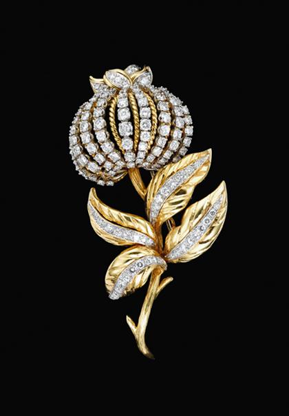 Appraisal: karat yellow gold diamond and pommegranite blossom brooch s Approximately