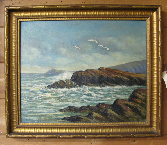 Appraisal: CALIFORNIA SCHOOL oil on panel Seascape with rocky shore lighthouse