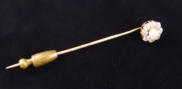 Appraisal: ANTIQUE PEARL AND DIAMOND STICK PIN K yellow gold stick