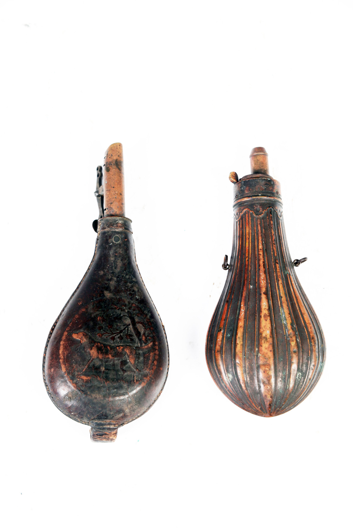 Appraisal: TWO POWDER HORNS American early th century Leather powder flask