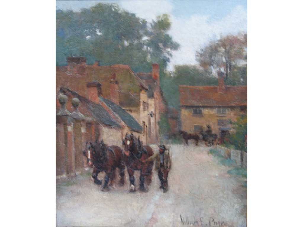 Appraisal: WILLIAM E PIMM Carthorses and a carriage in a village