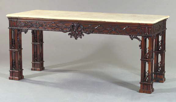 Appraisal: George III-Style Mahogany and Marble-Top Side Table the rectangular variegated