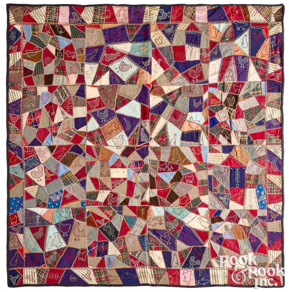 Appraisal: Crazy quilt top dated Crazy quilt top dated with embroidered