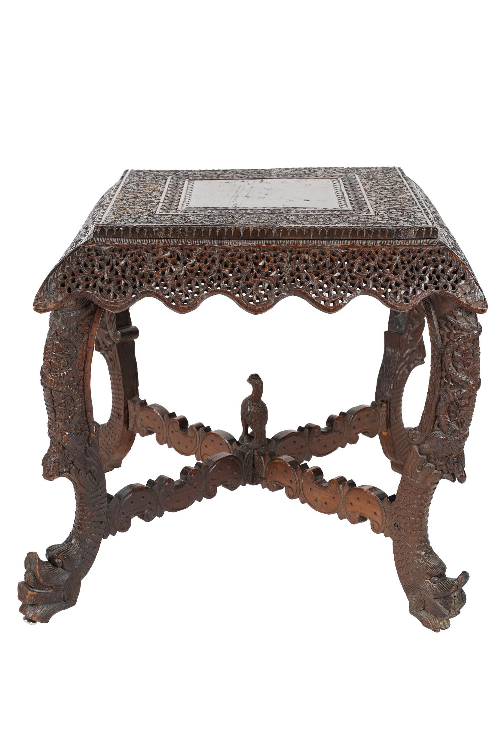 Appraisal: INDIAN CARVED WOOD SIDE TABLE the square top with central