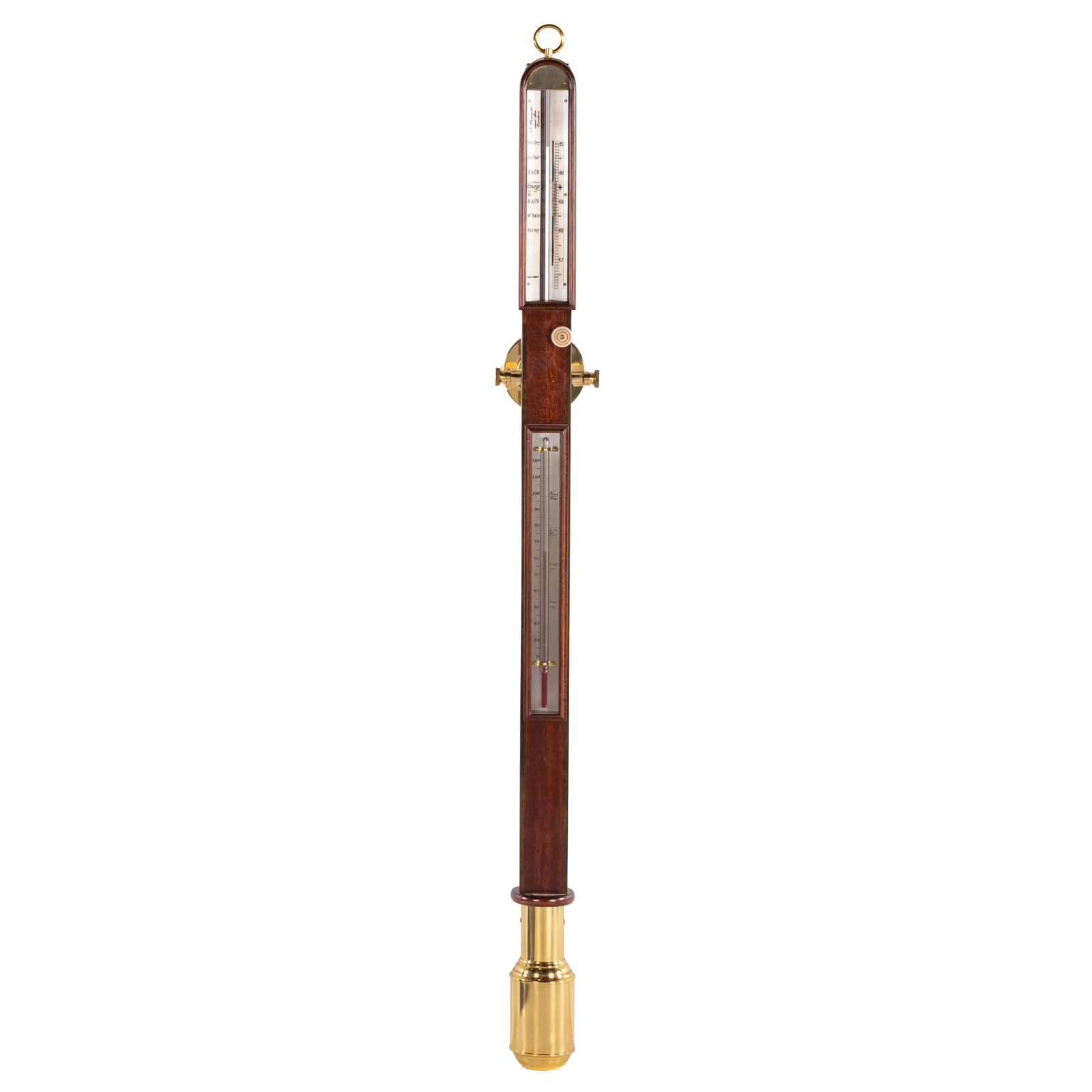 Appraisal: A COMITTI MAHOGANY STICK BAROMETER THERMOMETER th century mahogany case