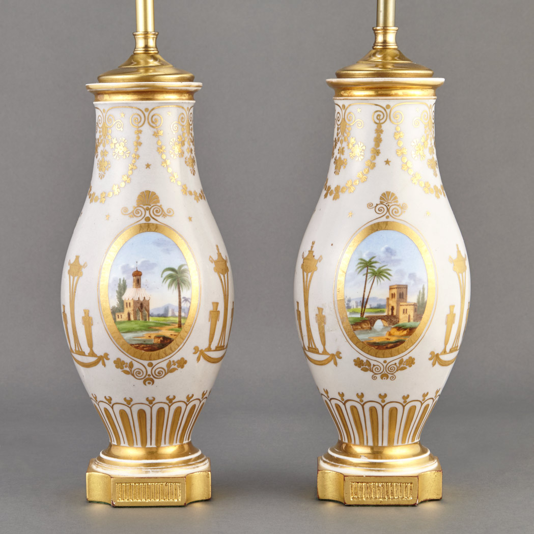 Appraisal: Pair of Paris Porcelain Vases th Century Each mounted as