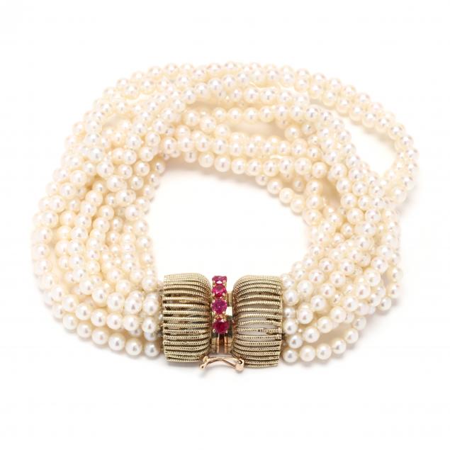 Appraisal: Multi-Strand Pearl Bracelet with Gold and Synthetic Ruby Clasp Necklace