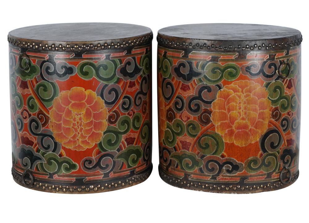 Appraisal: PAIR OF ASIAN PAINTED WOOD HIDE DRUMSCondition each drum with