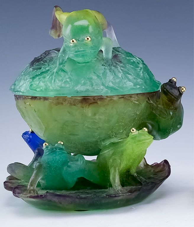 Appraisal: Daum France Pate De Verre Lidded Frog Bowl Box Daum