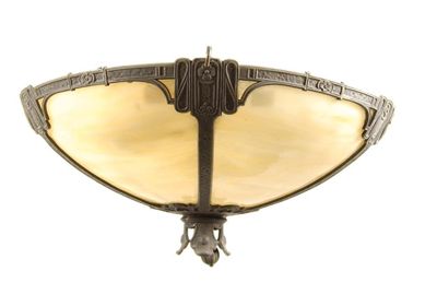 Appraisal: An Art Nouveau pewter and opalescent glass plaffonier in cm